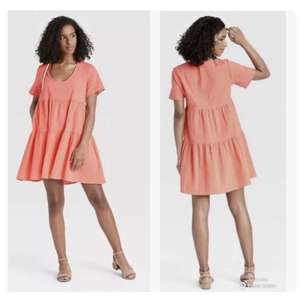A New Day Pastel Peach Short Sleeve Boho Babydoll Dress Mini XS NWT Cottagecore